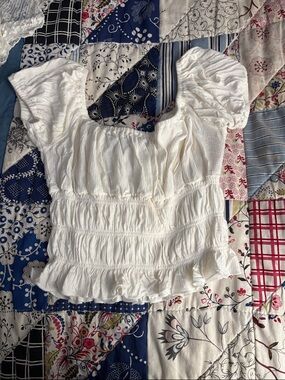HYFVE White Smocked Puff Sleeve Ruffle Hem Top